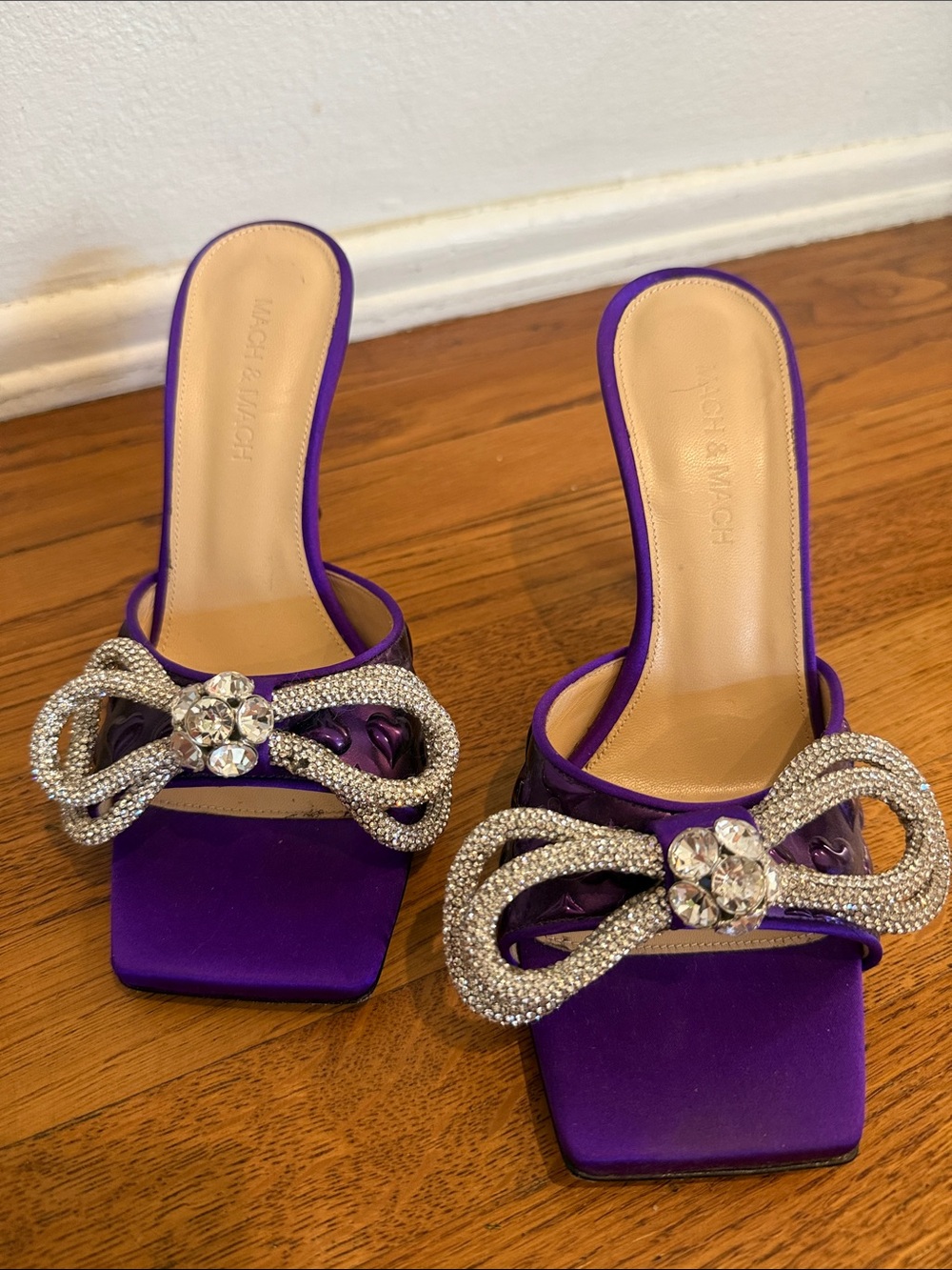 Purple Satin Crystal Bow Slide Heels